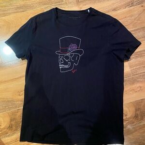 John Varvatos Black Tee with Skull & Top Hat Embroidery